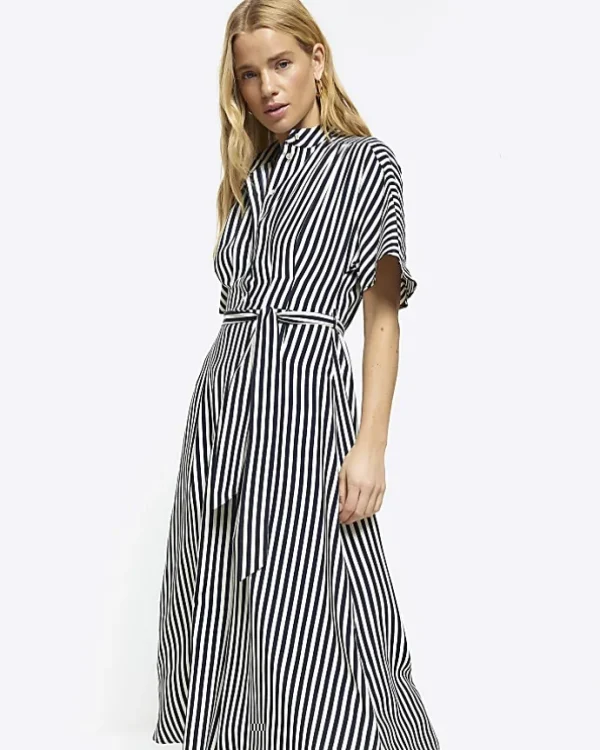 Navy stripe belted midi shirt dress