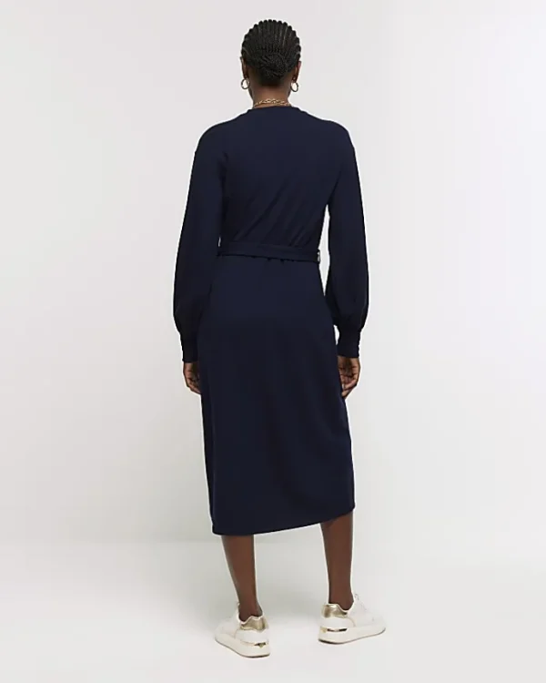 Navy tie waist sweatshirt midi dress