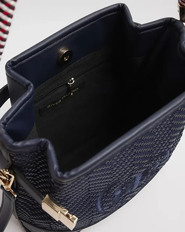 Navy weave embroidered bucket cross body bag