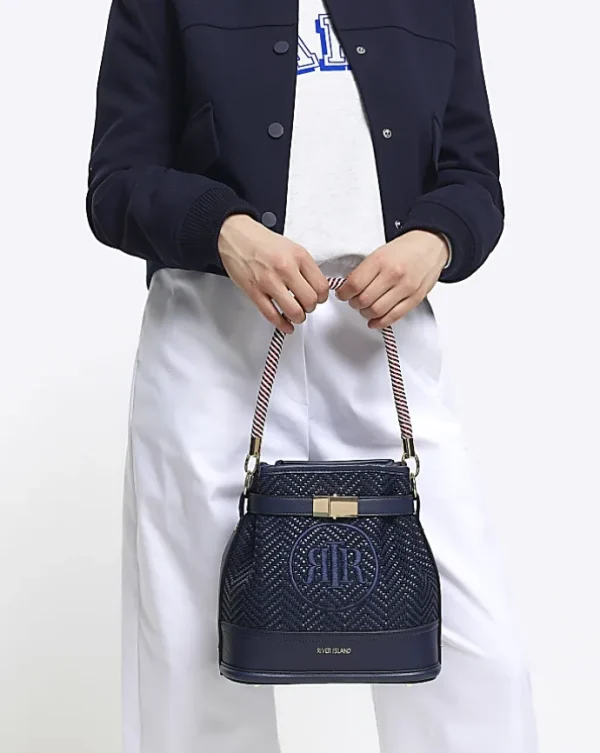 Navy weave embroidered bucket cross body bag