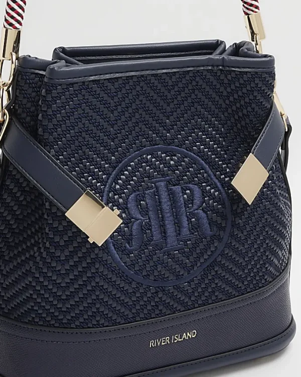 Navy weave embroidered bucket cross body bag