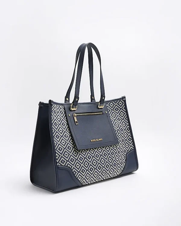 Navy weave geometric shopper bag