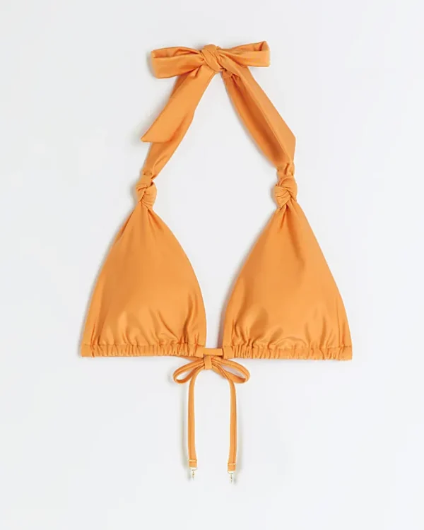 Orange knot triangle bikini top