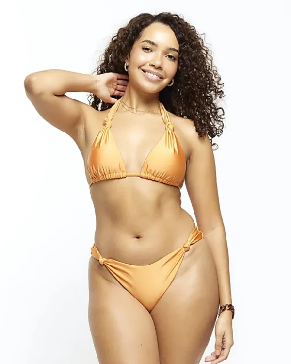 Orange knot triangle bikini top