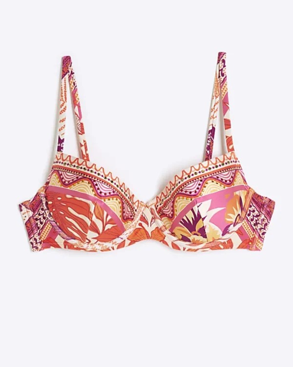 Orange scarf print structured bikini top