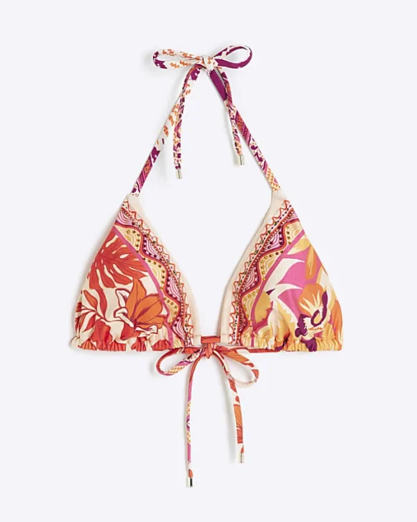 Orange scarf print triangle bikini top