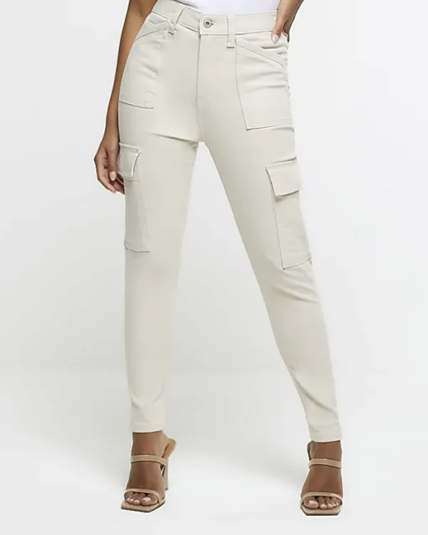 Petite beige high waisted skinny cargo jeans