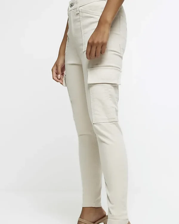 Petite beige high waisted skinny cargo jeans