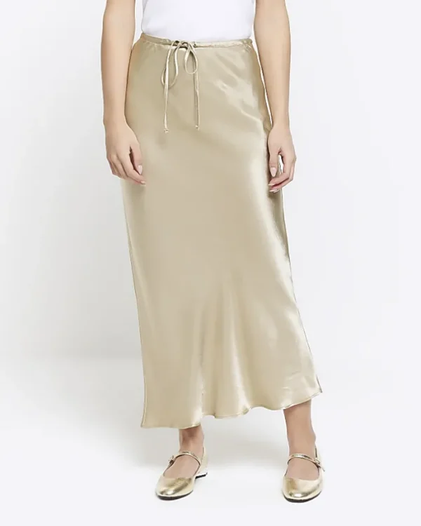 Petite beige tie waist midi skirt