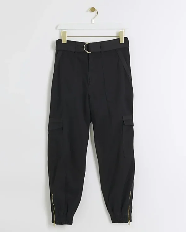 Petite black belted utility cargo trousers