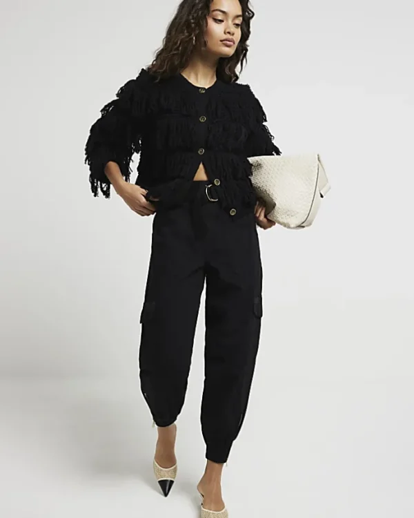 Petite black belted utility cargo trousers