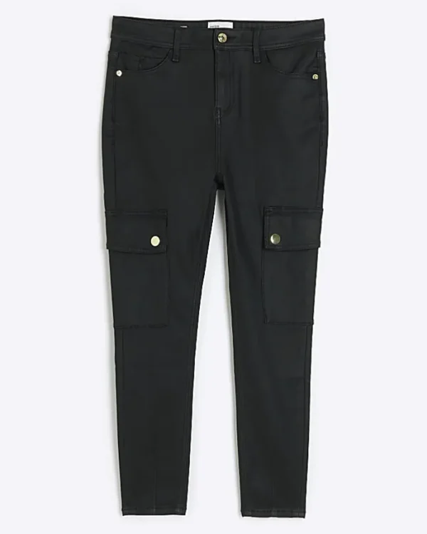 Petite black coated cargo skinny jeans