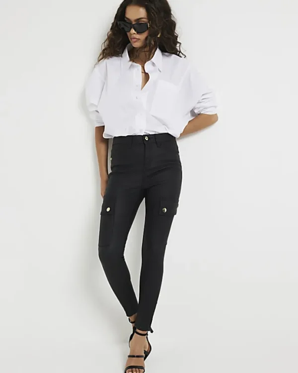 Petite black coated cargo skinny jeans