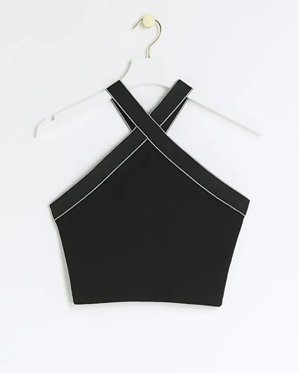 Petite black crossed halter top