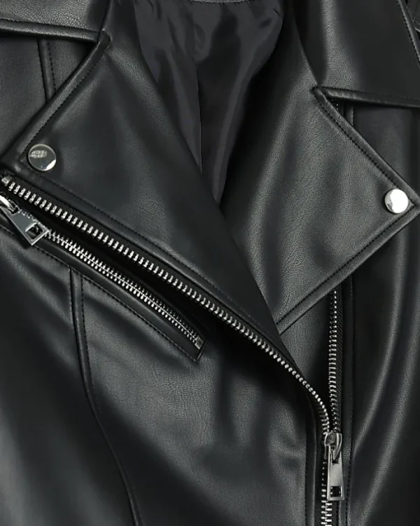 Petite black faux leather oversized jacket