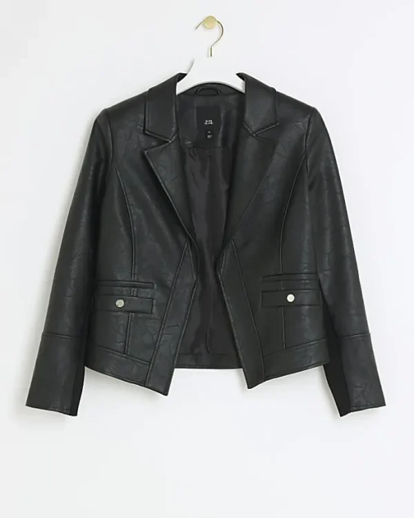 Petite black faux leather blazer