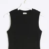 Petite black rib high neck tank top