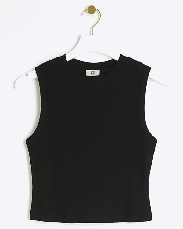 Petite black rib high neck tank top