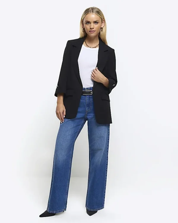 Petite black rolled sleeve blazer