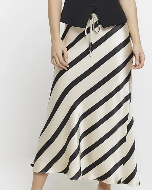 Petite black satin stripe midi skirt