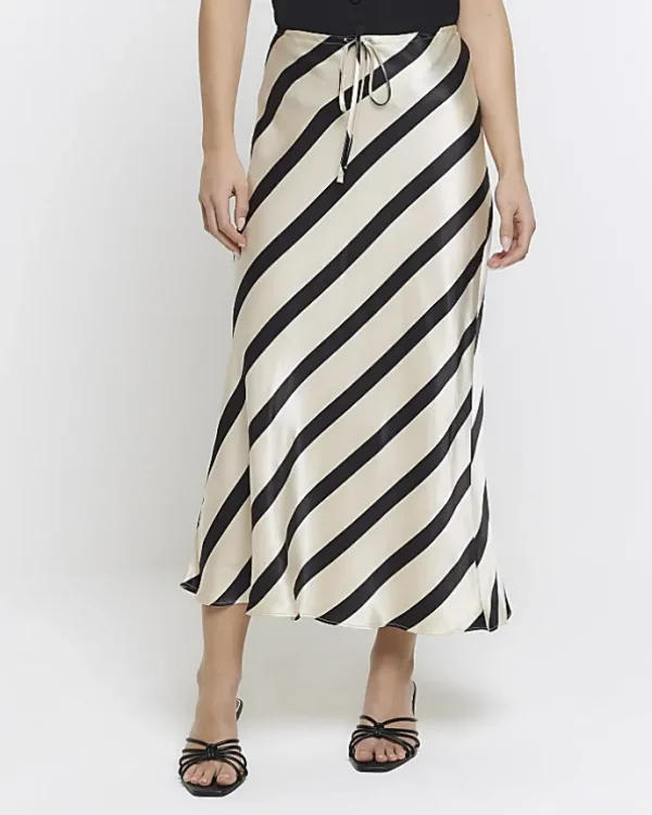 Petite black satin stripe midi skirt