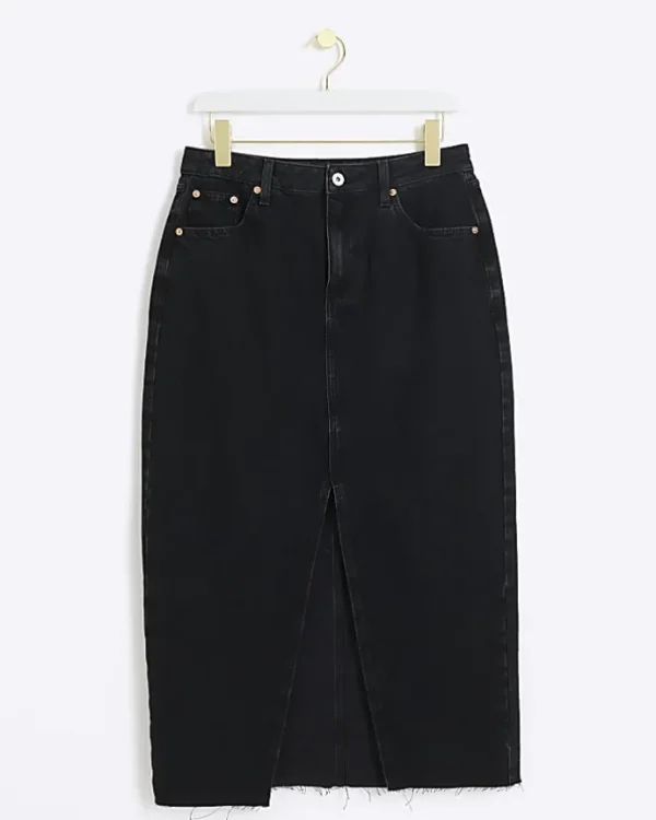 Petite black split hem denim maxi skirt