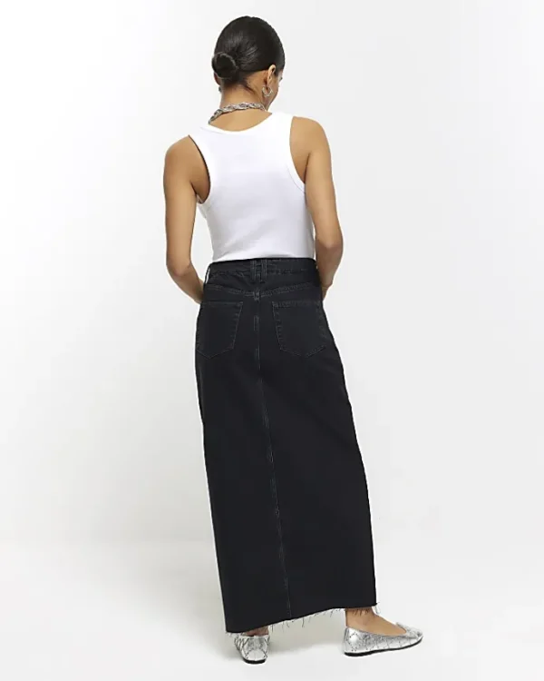 Petite black split hem denim maxi skirt