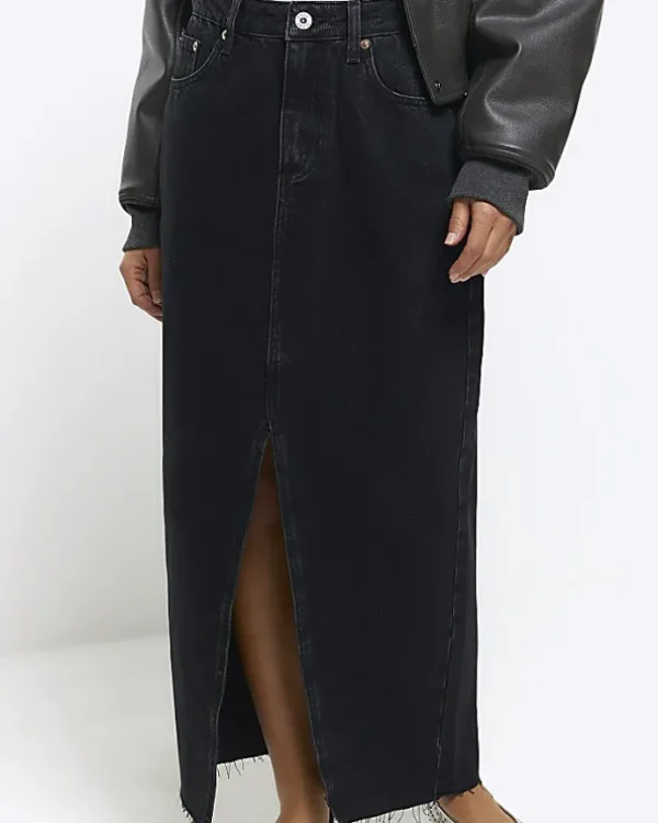 Petite black split hem denim maxi skirt