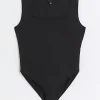 Petite black square neck bodysuit