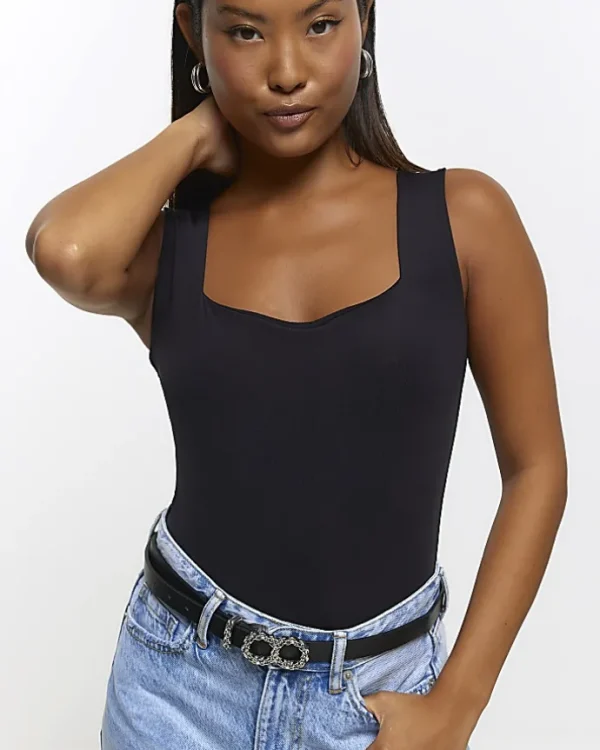 Petite black square neck bodysuit