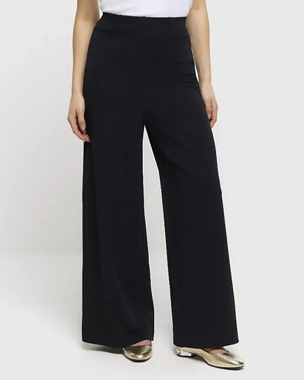 Petite black stitched wide leg trousers