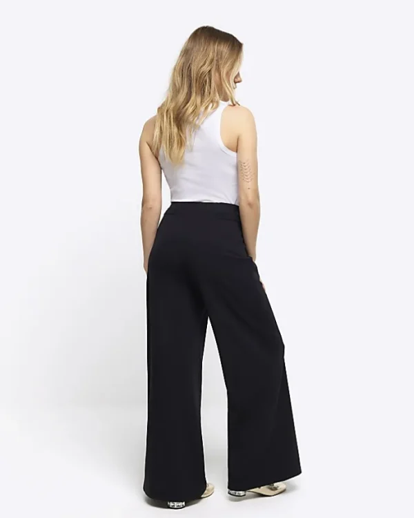 Petite black stitched wide leg trousers