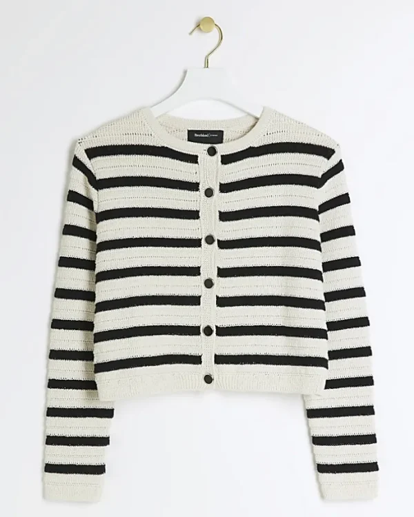 Petite black stripe textured knit cardigan