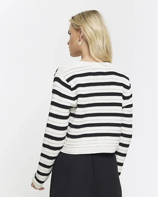 Petite black stripe textured knit cardigan