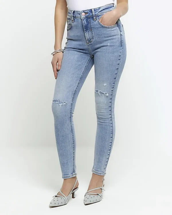 Petite blue high waisted ripped jeggings