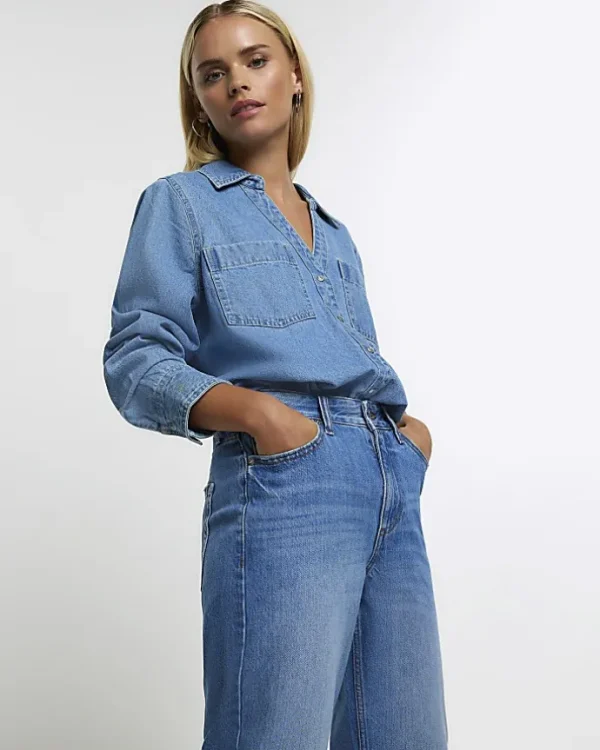 Petite blue high waisted straight leg jeans