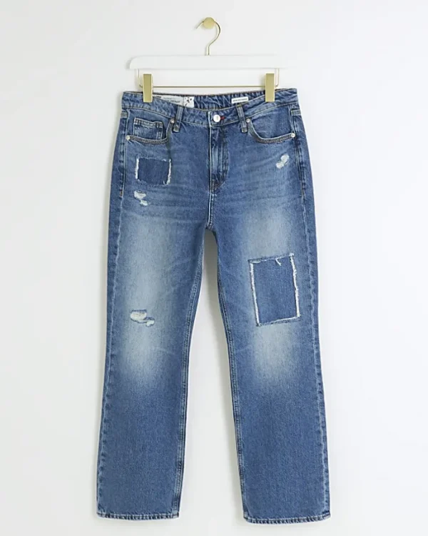 Petite blue patch stove pipe straight jeans