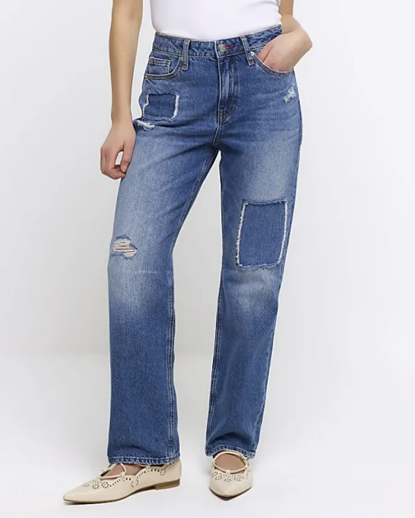 Petite blue patch stove pipe straight jeans