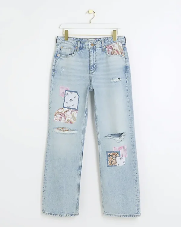 Petite blue patch stove straight jeans