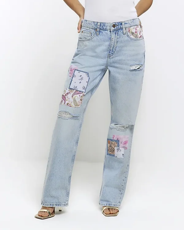 Petite blue patch stove straight jeans