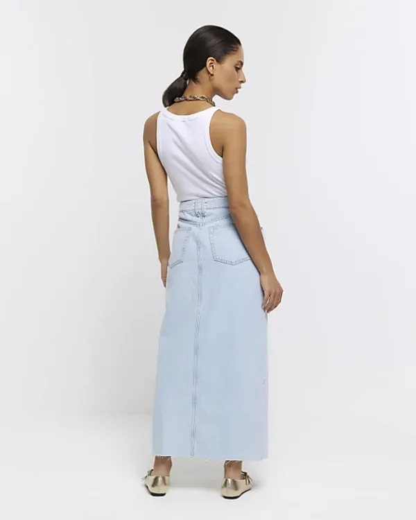 Petite blue seamed denim maxi skirt