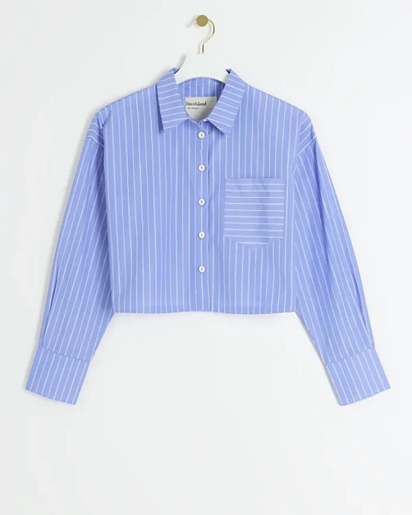 Petite blue stripe crop shirt