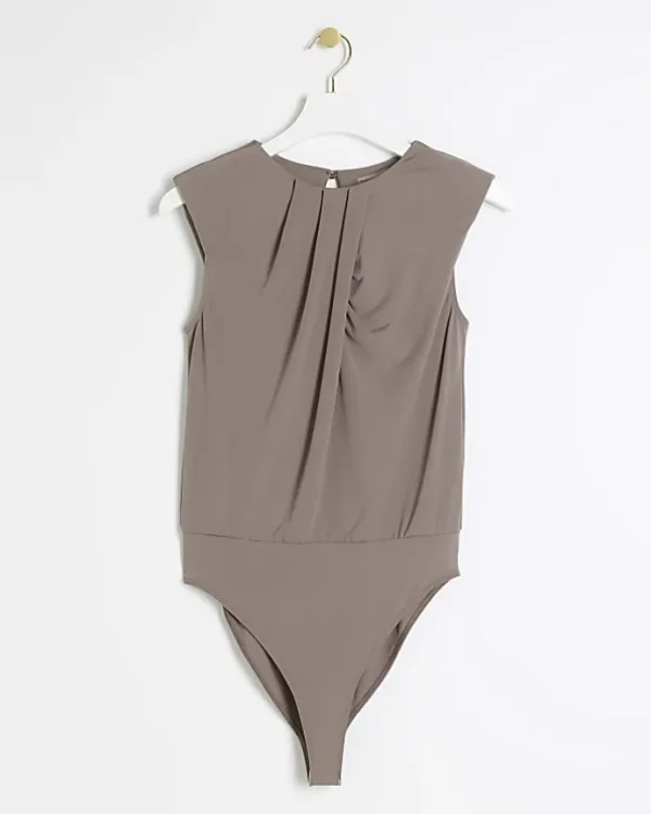 Petite brown ruched bodysuit