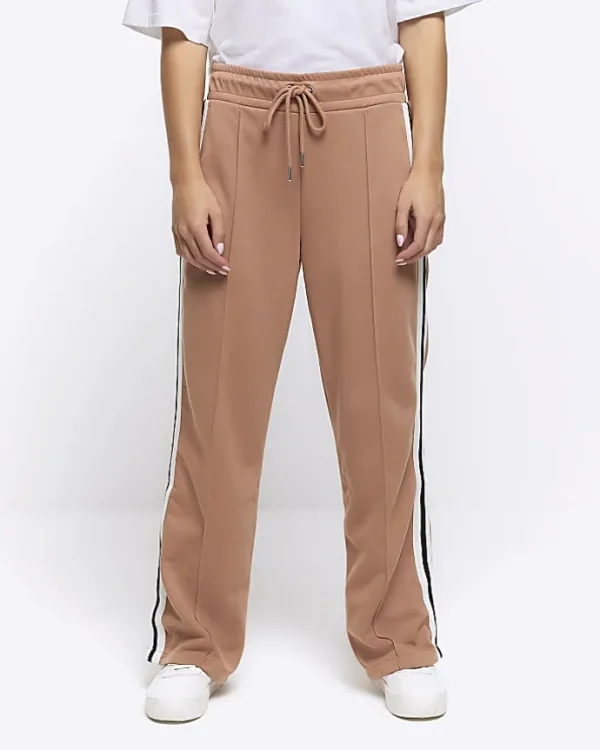 Petite brown side stripe wide leg joggers