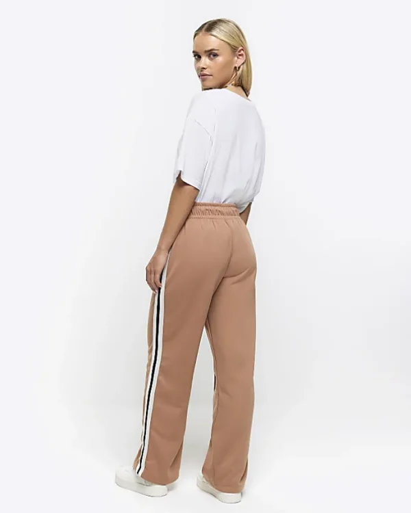 Petite brown side stripe wide leg joggers