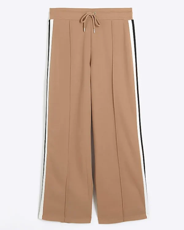 Petite brown side stripe wide leg joggers