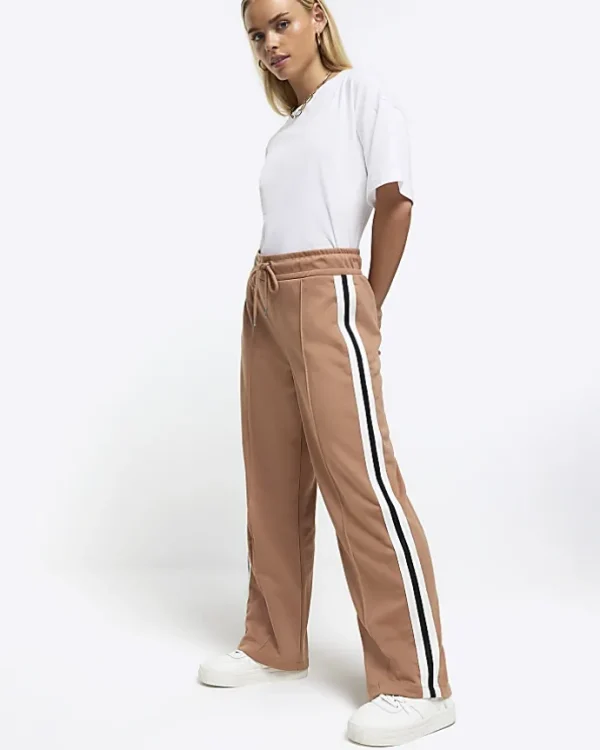 Petite brown side stripe wide leg joggers