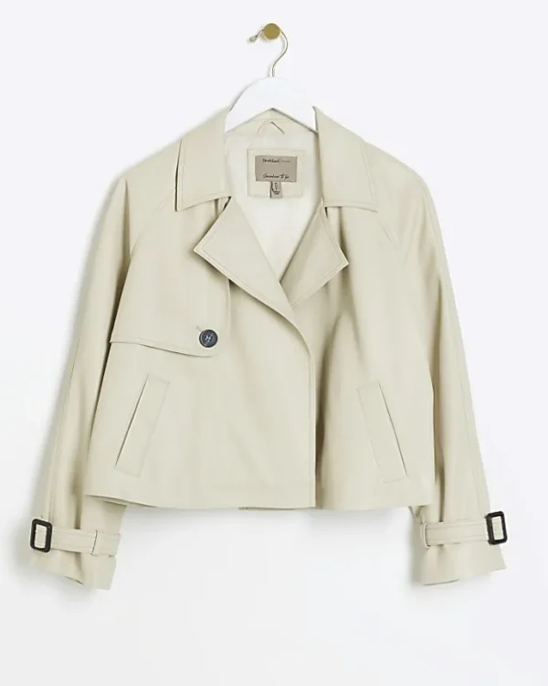 Petite Cream Faux Leather Trench Coat