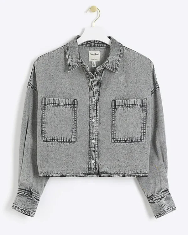 Petite grey crop denim shirt