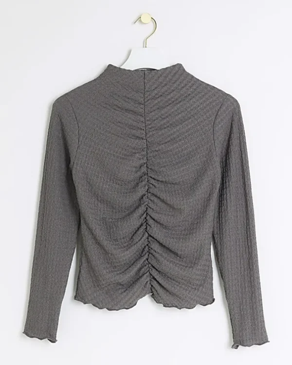 Petite grey ruched long sleeve top